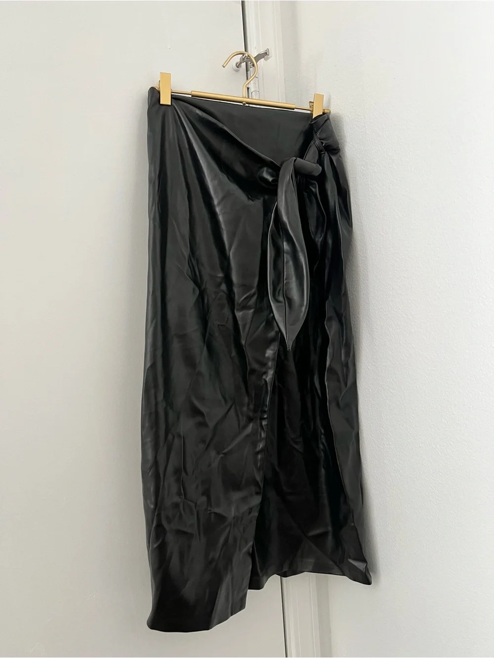 Black Leather Tie-Waist Midi Skirt